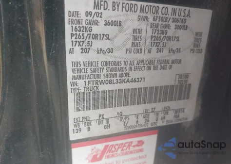 2003 Ford F-150 Lariat/Xlt из США, поврежденный, VIN 1FTRW08L33KA46371